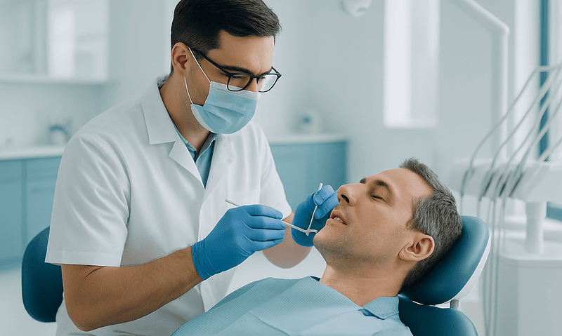 Dentist performing a dental examination on a patient in a clinic setting.