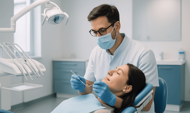 Dentist performing a dental procedure on a patient in a modern clinic.