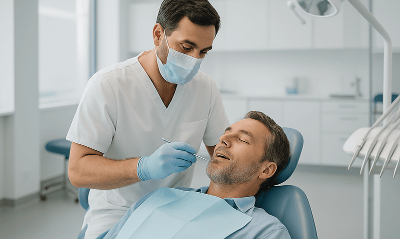 Dentist performing dental treatment on a patient in a modern clinic.