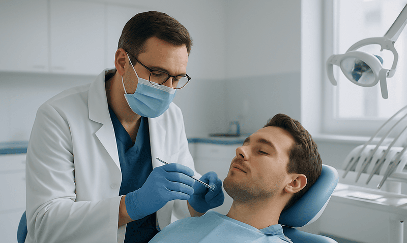 Dentist examining patient in dental clinic with modern equipment.