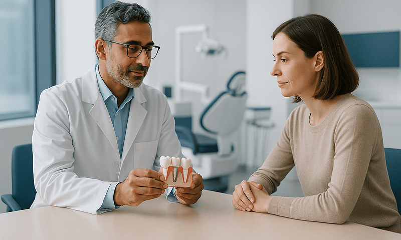 Dentist explaining dental implant procedure to patient with model teeth.