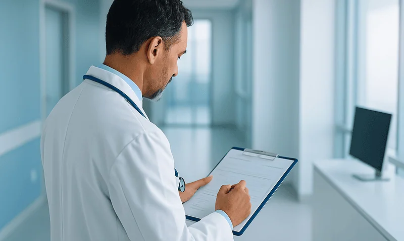 Doctor reviewing patient records in a modern hospital corridor.