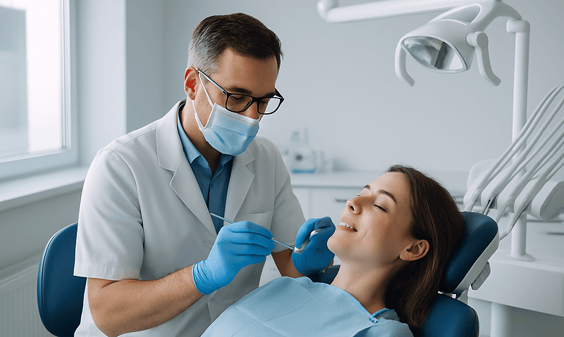 Dentist performing dental procedure on a patient in a modern clinic.