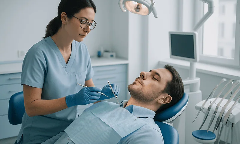 Dentist preparing a patient for dental implant procedure in a modern clinic.