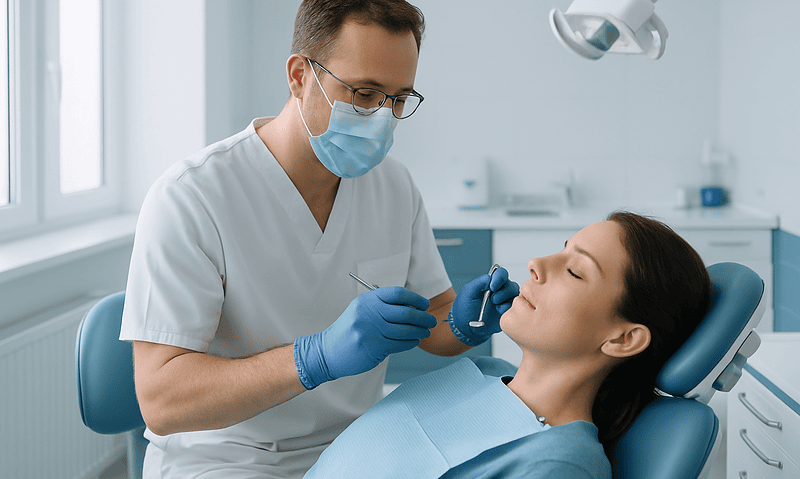 Dentist performing a dental procedure on a patient in a clinical setting.