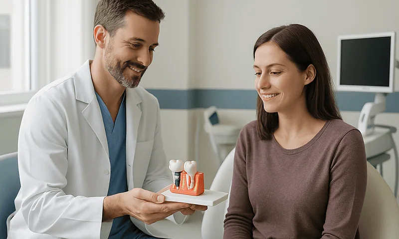 Dentist showing dental implant model to a patient in a clinic setting.