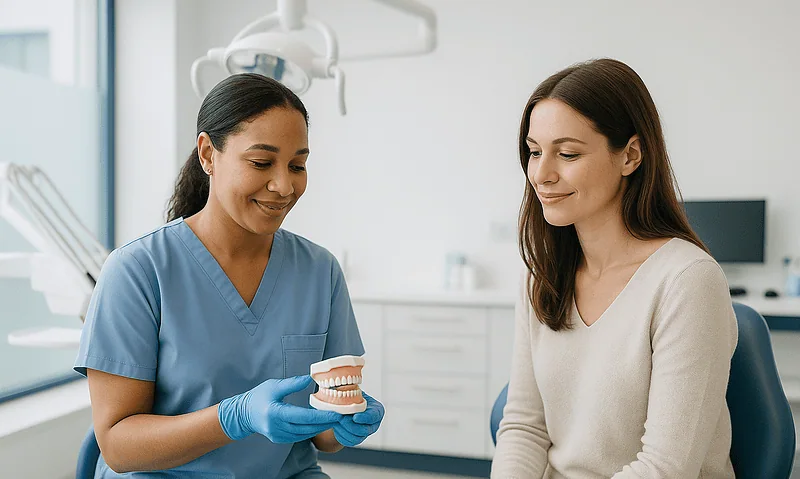 Dentist explaining dental implants to a patient in a clinic setting.