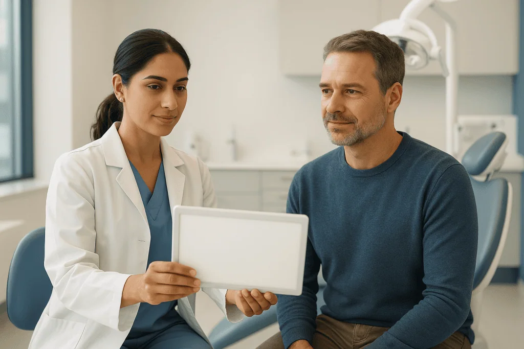 Dental Implants in Turkey vs At Home: Key Differences for Patients 1 Dentist and patient reviewing dental treatment plan on tablet in clinic.