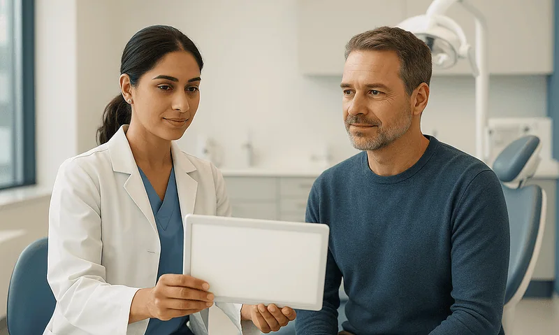 Dentist and patient reviewing dental treatment plan on tablet in clinic.