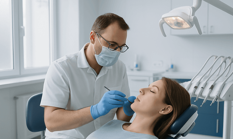 Dentist examining patient's teeth in a modern dental clinic.