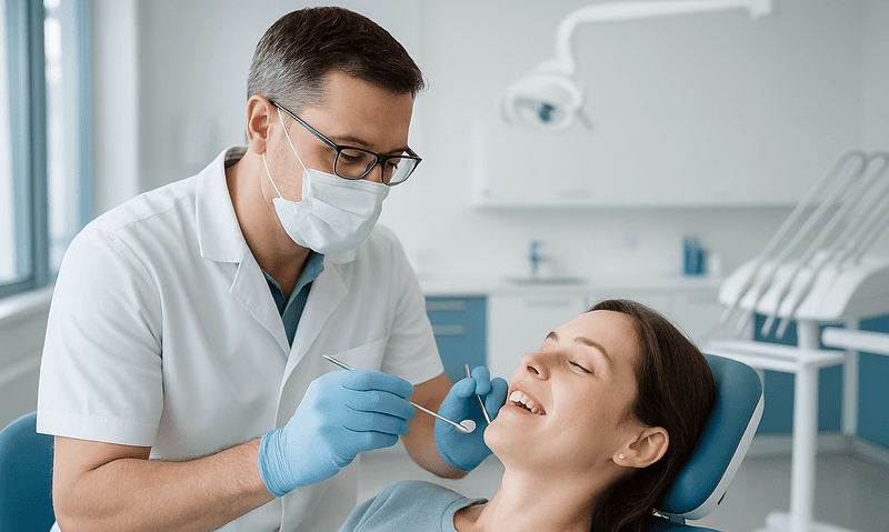 Dentist performing a dental check-up on a patient in a clinical setting.