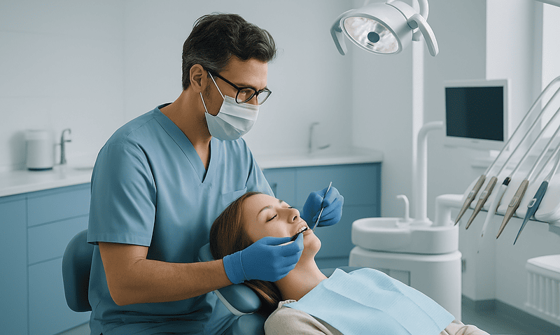 Dentist performing dental examination on patient in clinic.