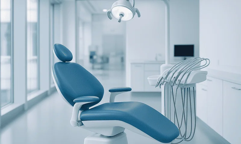 Modern dental clinic chair with dental tools in a clean, bright treatment room.
