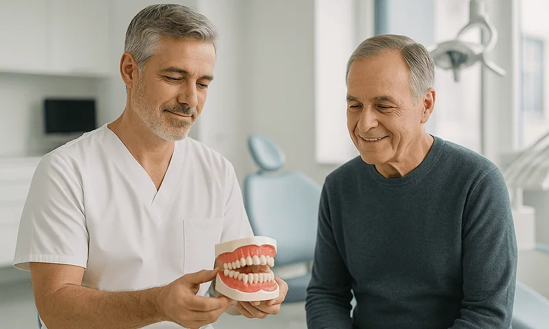 Dentist showing dental model to an older patient in a clinic setting.
