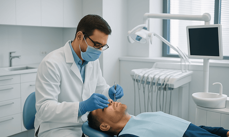 Dental Robotics Myths: Does the Robot Operate Alone, and What Does the Surgeon Still Control? 5 Dentist performing a dental procedure on a patient in a modern clinic.