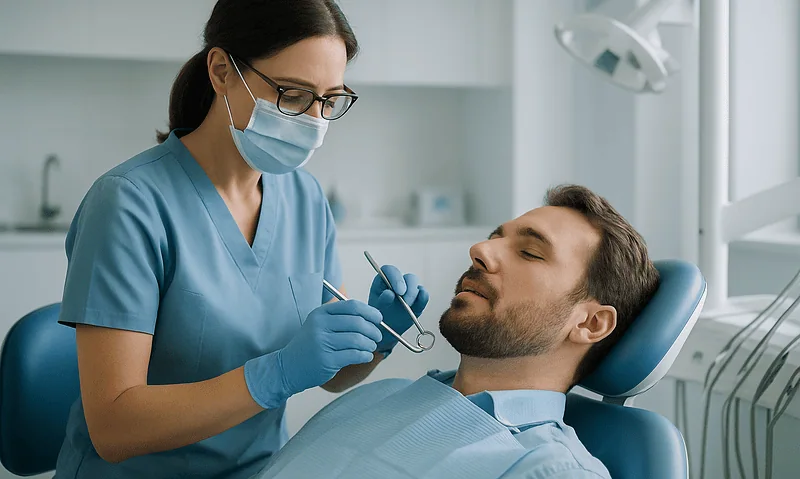 Dentist preparing to examine male patient in dental clinic.