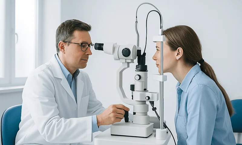 Optometrist examining a patient's eye with a slit lamp in a clinical setting.