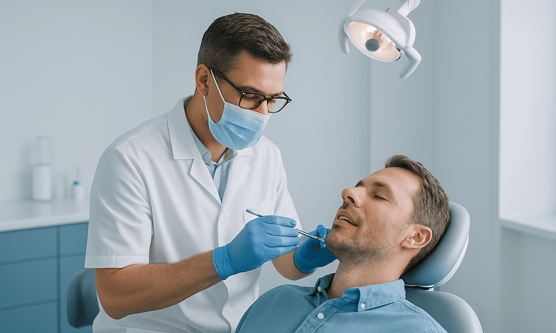 Dentist performing dental examination on patient in clinic.