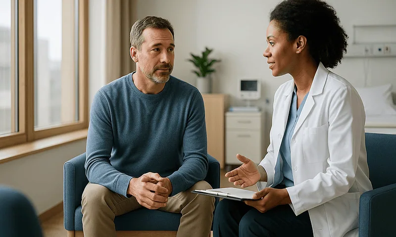 Doctor consulting with a male patient in a hospital room.
