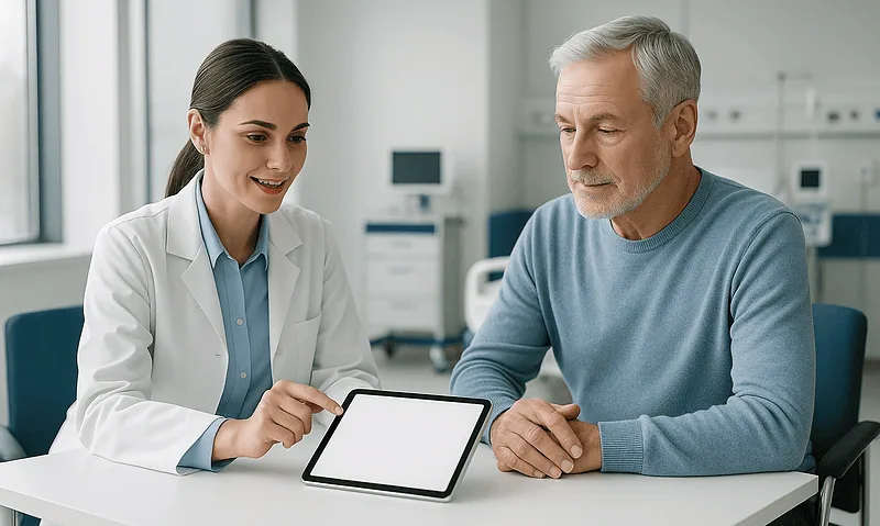Doctor consulting with an elderly male patient using a tablet in a hospital setting.
