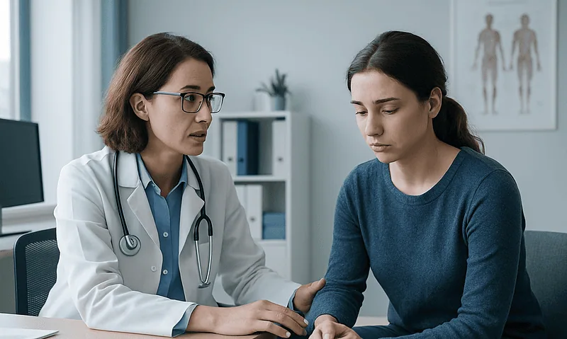 Doctor consulting with a patient about mental health in a clinical setting.