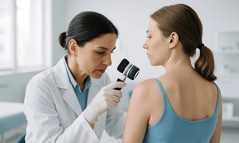 Dermatologist examining patient's skin with a dermatoscope in clinic.