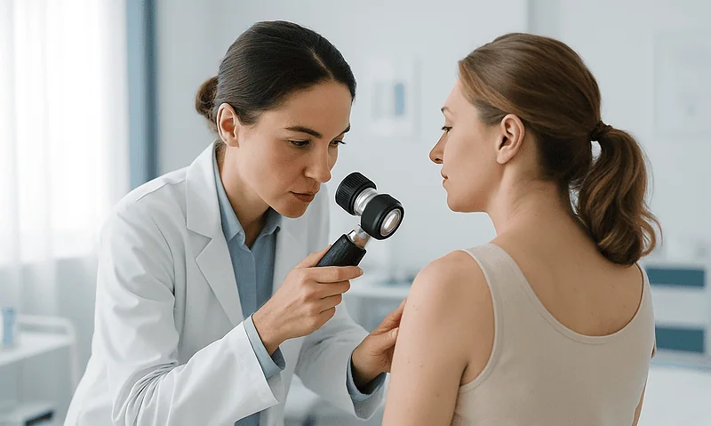 Dermatologist examining patient's skin with a dermatoscope in a clinical setting.