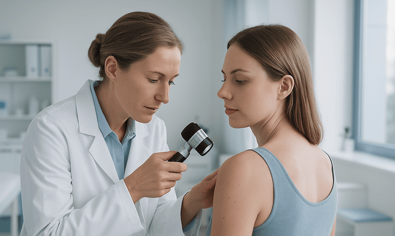 Dermatologist examining patient's skin with a dermatoscope in clinic.