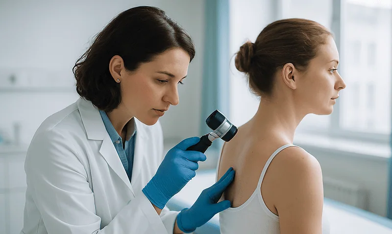 Dermatologist examining patient's skin with a dermatoscope at a clinic.