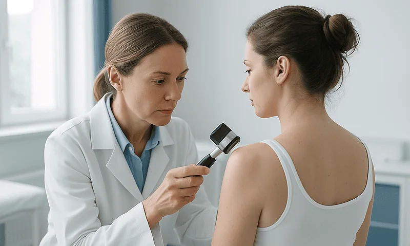 Dermatologist examining patient's skin with a dermatoscope in clinic.