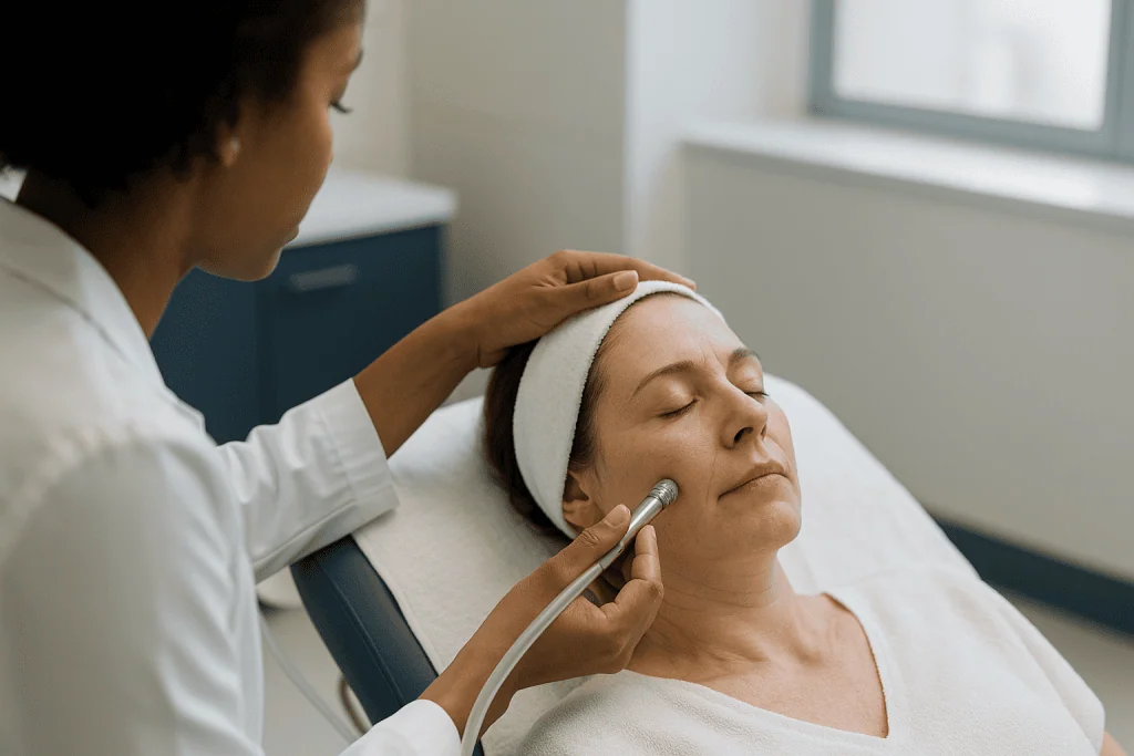 Dermatologist performing microdermabrasion treatment on patient: Dermabrasion vs microdermabrasion: why the risks are so dif