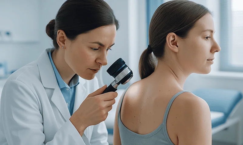 Doctor examining patient's skin with a dermatoscope in a clinical setting.