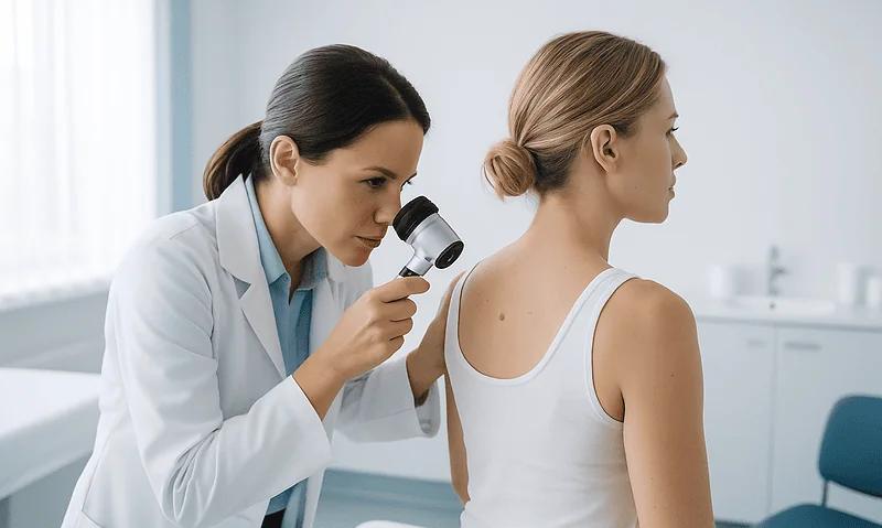 Doctor examining patient's skin with a dermatoscope in a clinical setting.