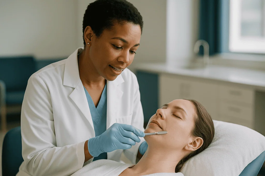 Dermatologist performing skin examination with specialized tool: Dermaplaning vs microdermabrasion: where the third option f