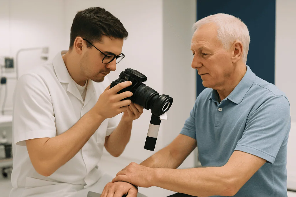 Dermatofibroma 1 Dermatologist examining skin lesion with dermatoscope in clinic.