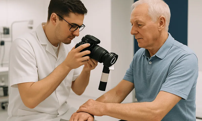 Dermatologist examining skin lesion with dermatoscope in clinic.