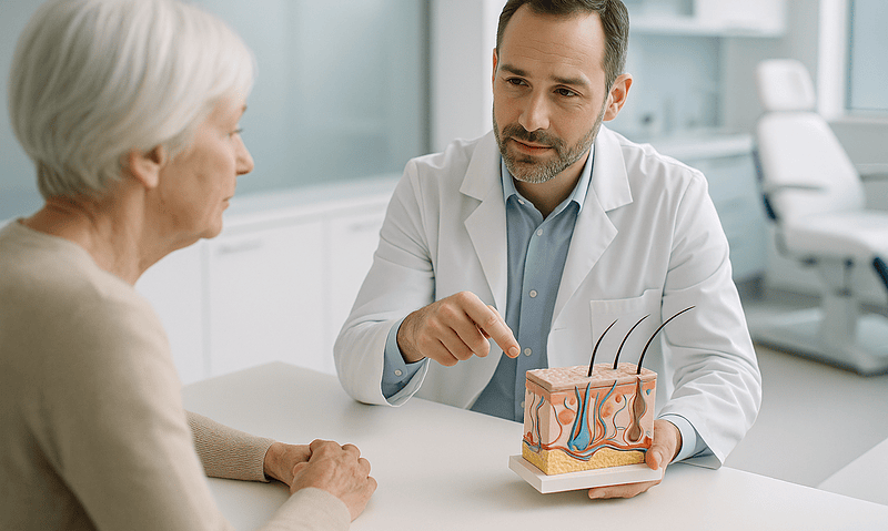 Doctor explaining skin layers to elderly patient in clinic setting.