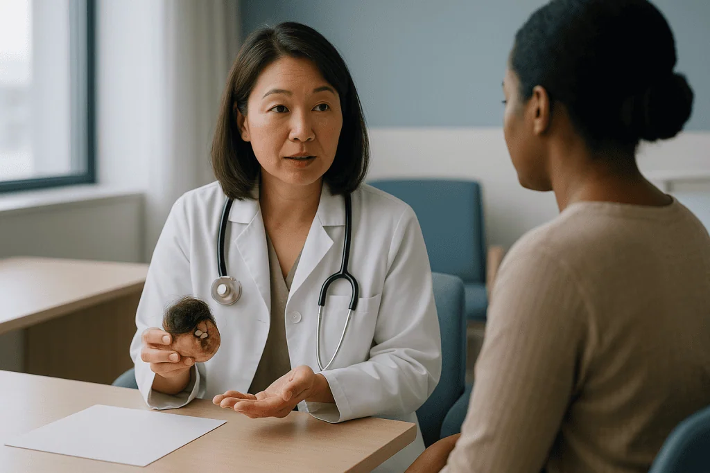 Female doctor consulting with patient in clinical setting — Dermoid cysts: why a teratoma can contain hair and teeth
