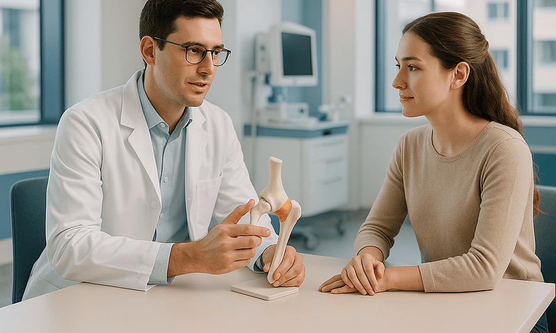 Orthopedic specialist explaining hip anatomy to a patient in a clinic setting.