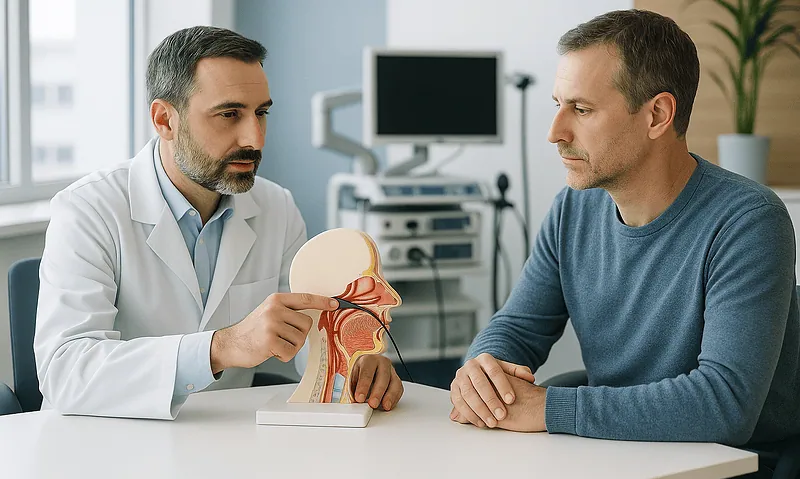 Doctor explaining nasal anatomy to patient with nasal model in clinic.