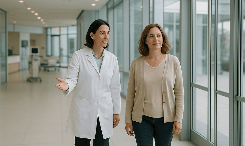 Doctor explaining health information to a patient in a hospital corridor.