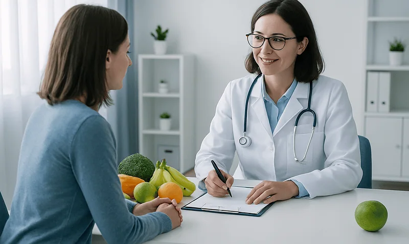 Doctor consulting with patient about health and nutrition in a medical office.