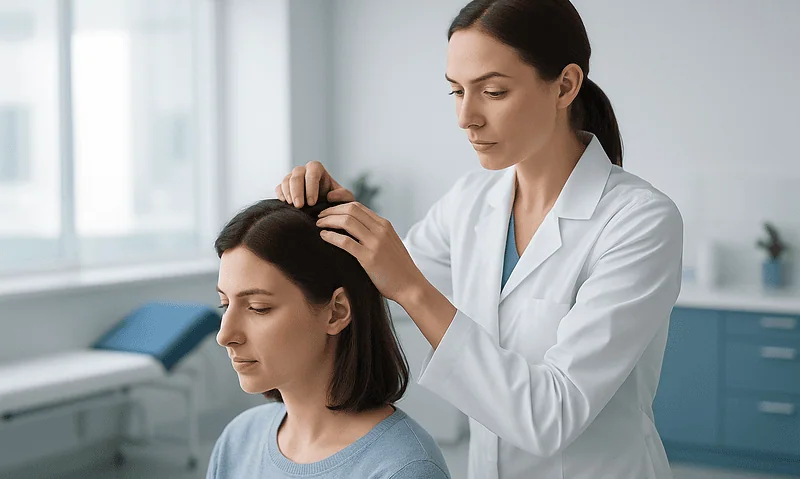 Medical professional performing scalp examination on patient in clinic.