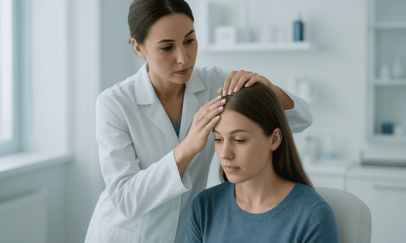 Doctor examining patient's scalp during a consultation at Acibadem Hospital.