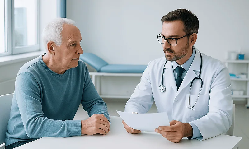 Doctor consulting with elderly patient in a medical office.