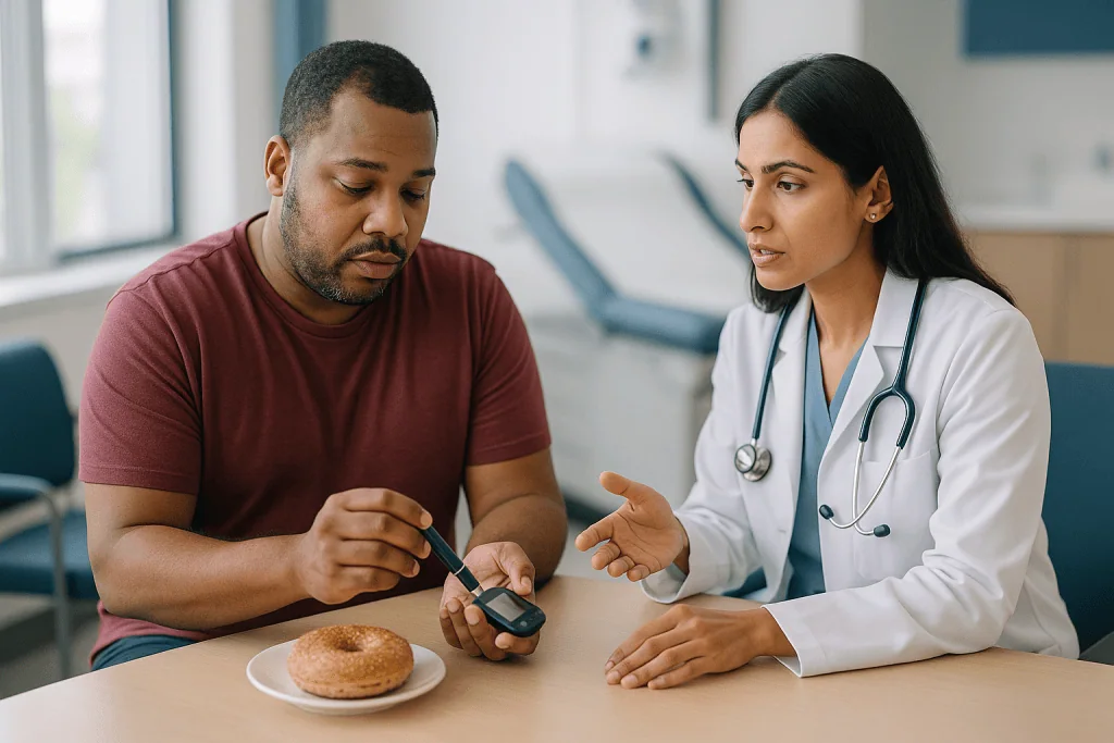 Doctor discussing blood glucose monitoring with male patient: Diabetes and the lens: sugar, swelling and early clouding