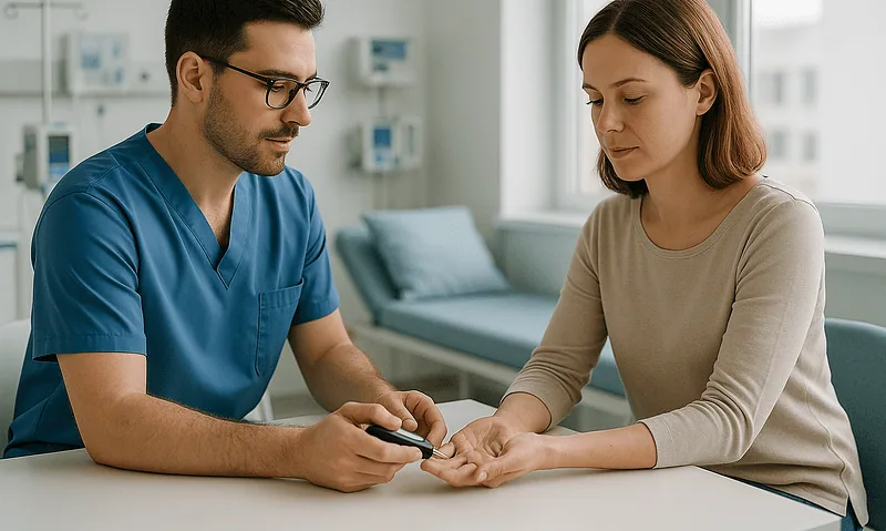 Doctor examining patient's wrist in a medical consultation room.