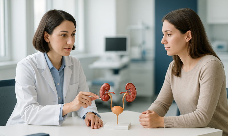 Doctor explaining kidney function to patient with kidney model in clinic.