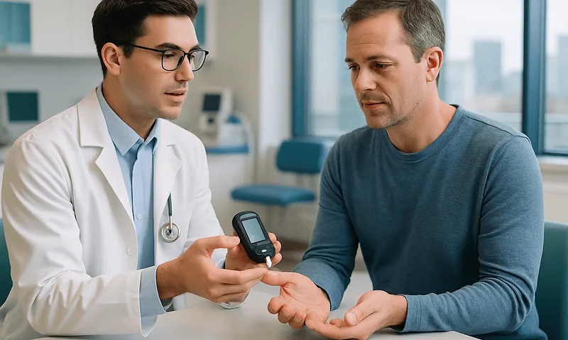 Doctor explaining blood sugar levels to a patient in a clinic setting.