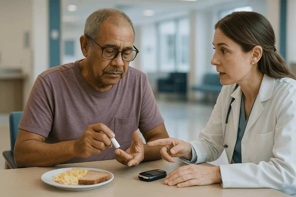 Doctor consulting patient about blood glucose monitoring — Diabetic cataract causes: why high glucose clouds the lens sooner